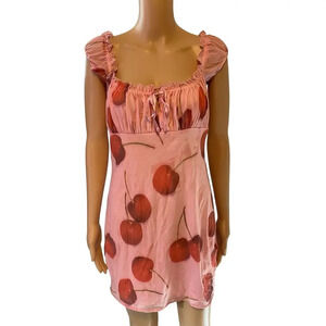 Y2K Kimchi Blue Mini Dress Sz L Babydoll Coquette Pink Cherries Mesh Lined Fairy